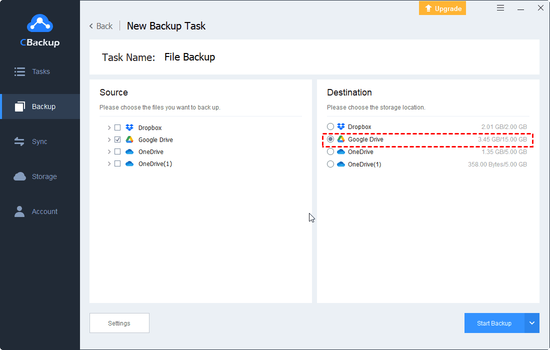 Select Destination Google Drive