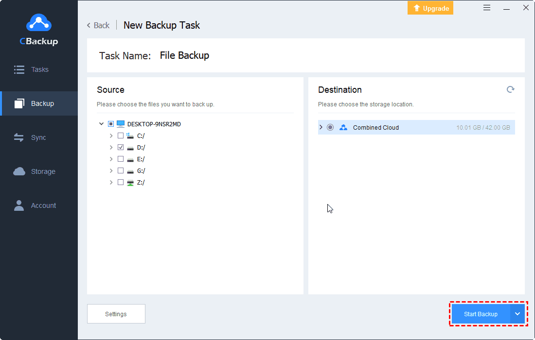 Start Backup Files to Combined Cloud