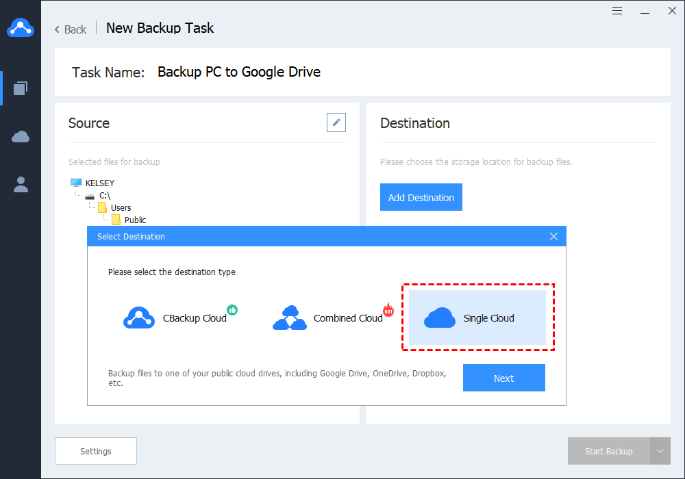 Select Destination Single Cloud