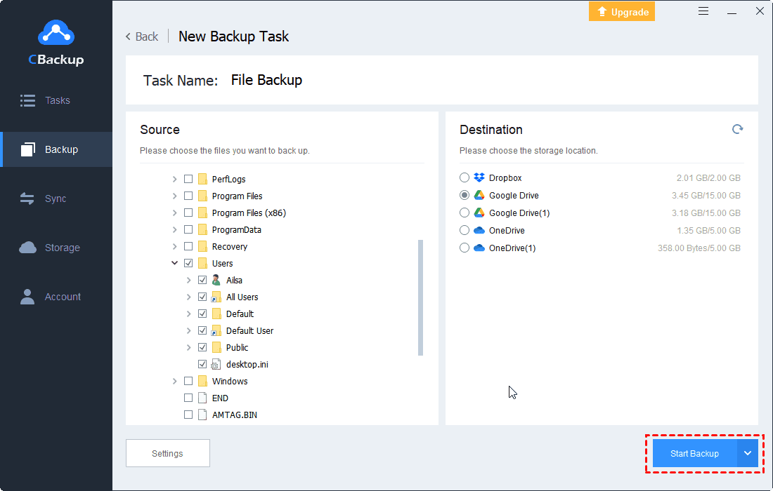 Start Backup Files to Google Drive