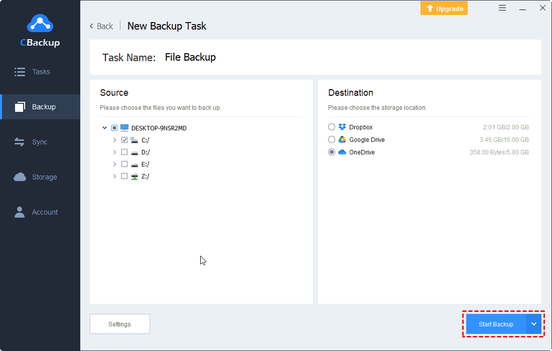 Start Backup Computer to OneDrive