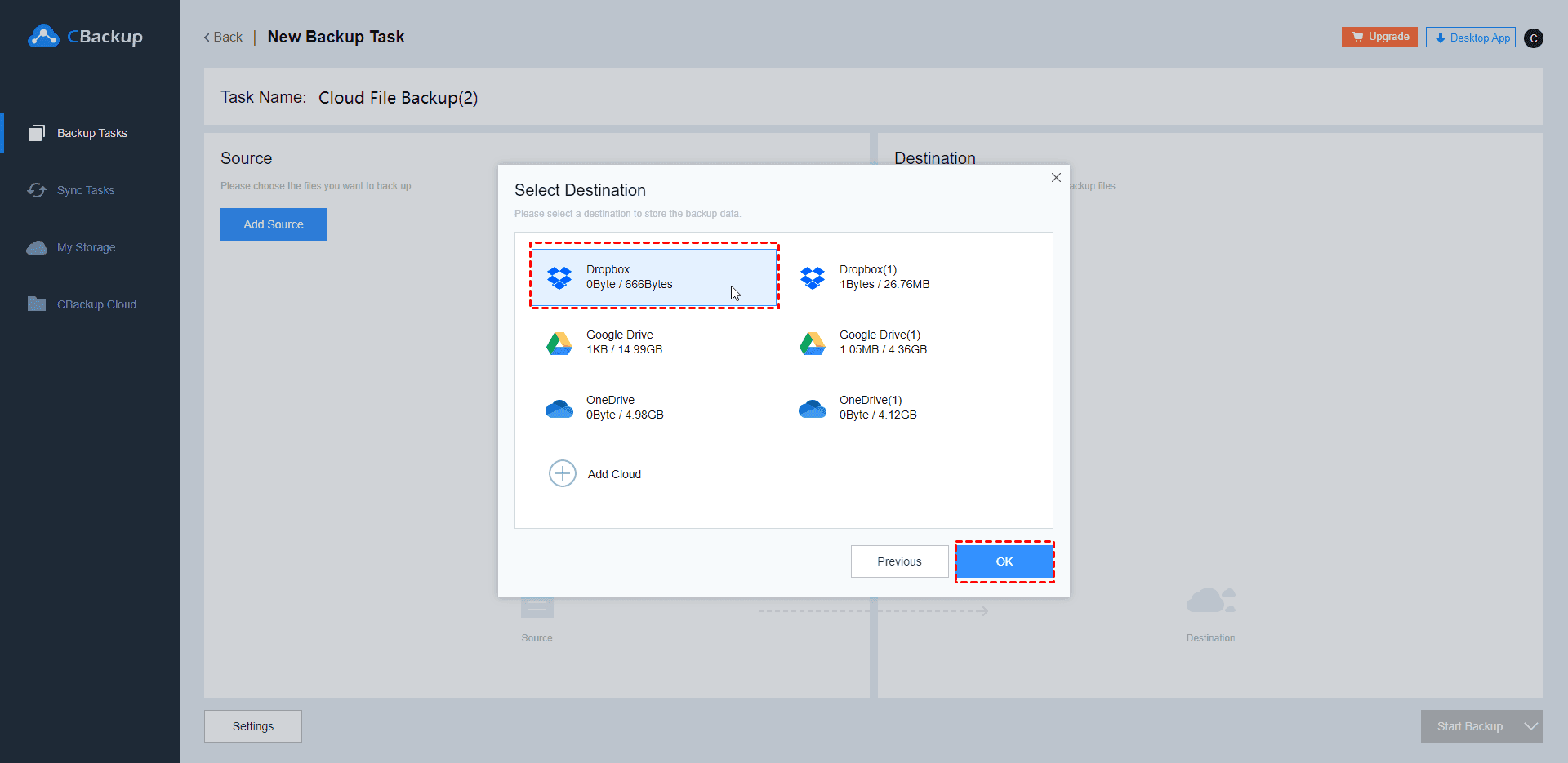 Add Destination Dropbox