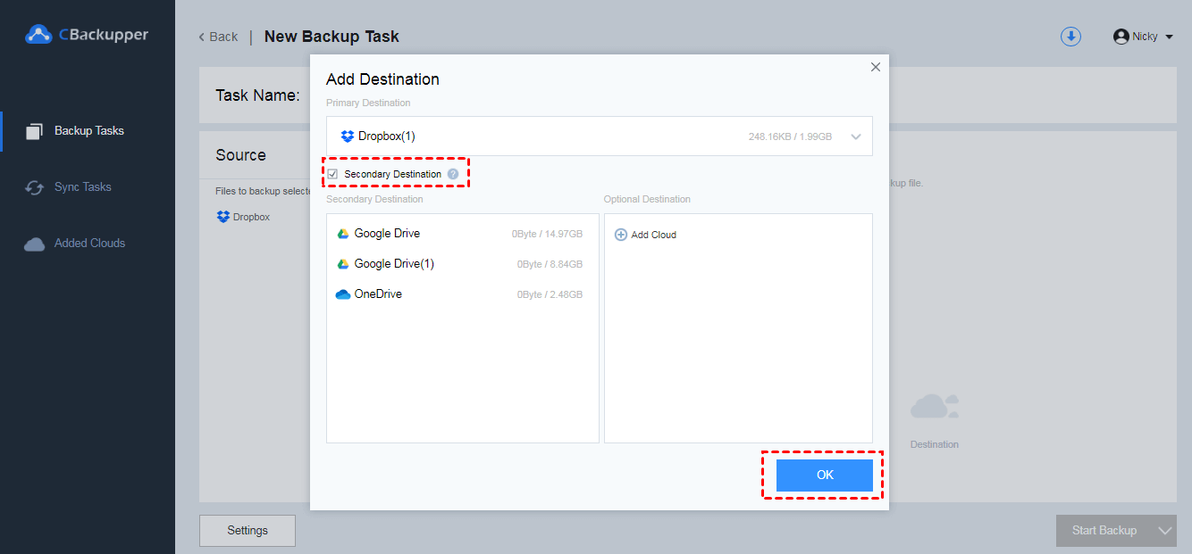 Secondary Backup Destiantion Secondary Backup Destiantion