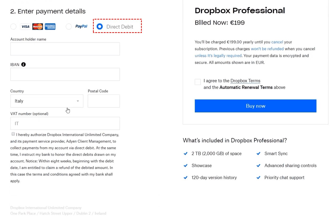 Pay Dropbox Direct Debit
