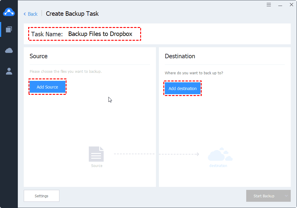 Create Backup Task Add Source Destination
