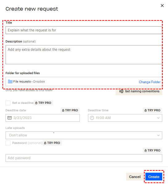 Dropbox File Request Create New Request