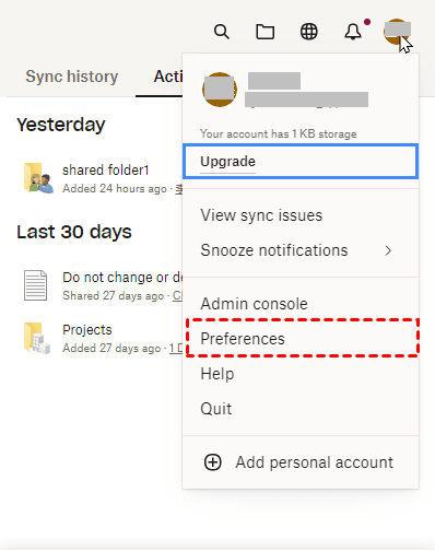 Dropbox Preferences in Client