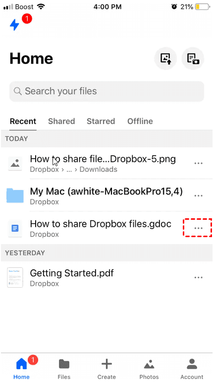 Dropbox Share on Mobile