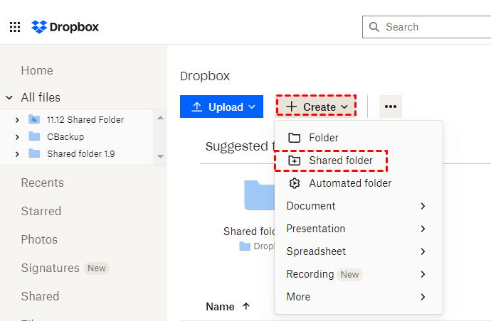 Dropbox Create Shared Folder1