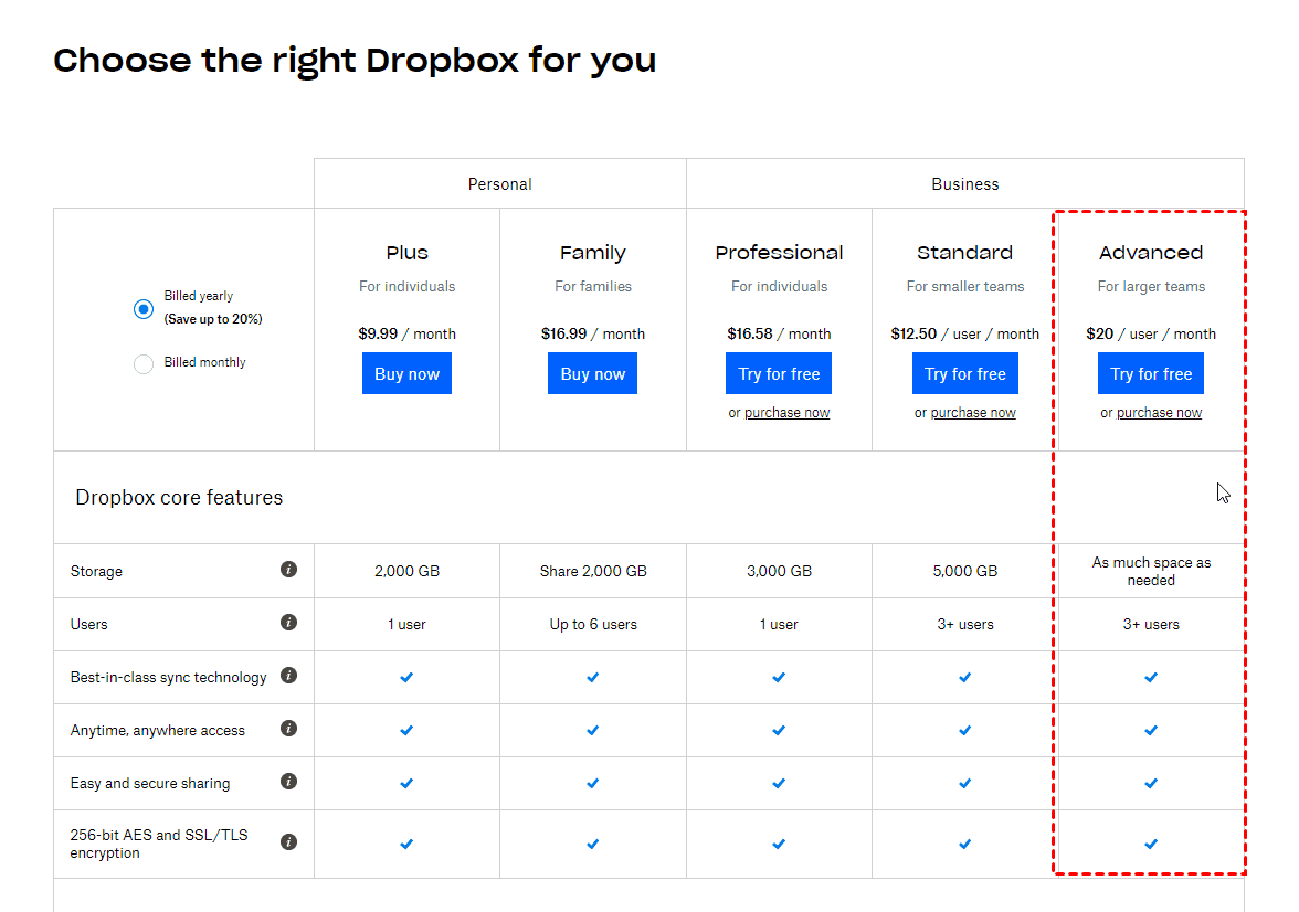 Upgrade Dropbox to Advanced Plan