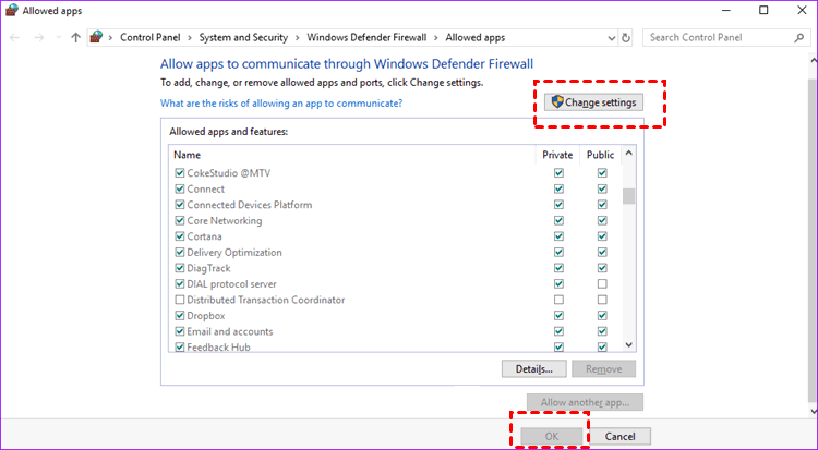 Firewall Change Settings