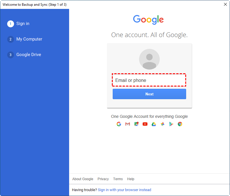 Google Backup and Sync Sign in