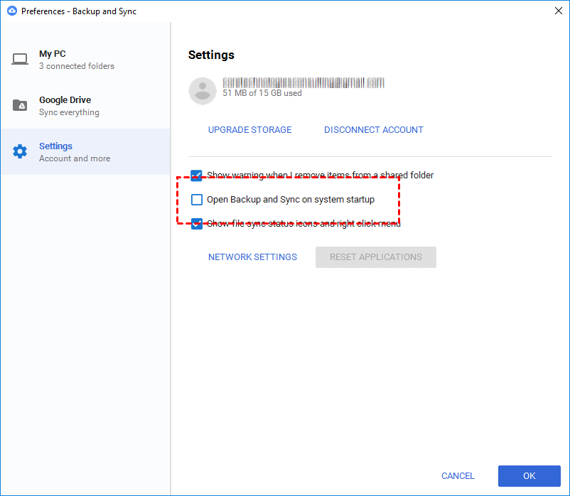 Uncheck Open Backup and Sync on System Startup