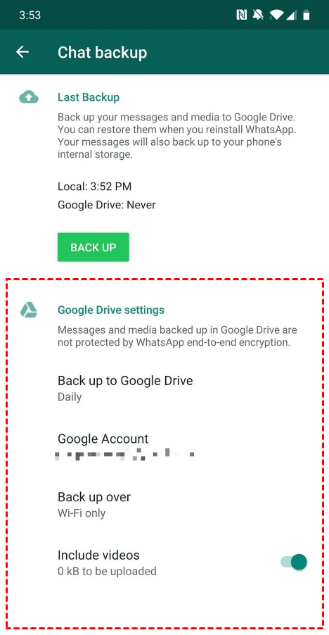 Google Drive Backup Settings