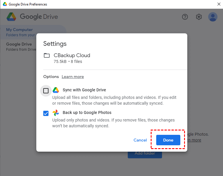 Add Folder Back up to Google Photos