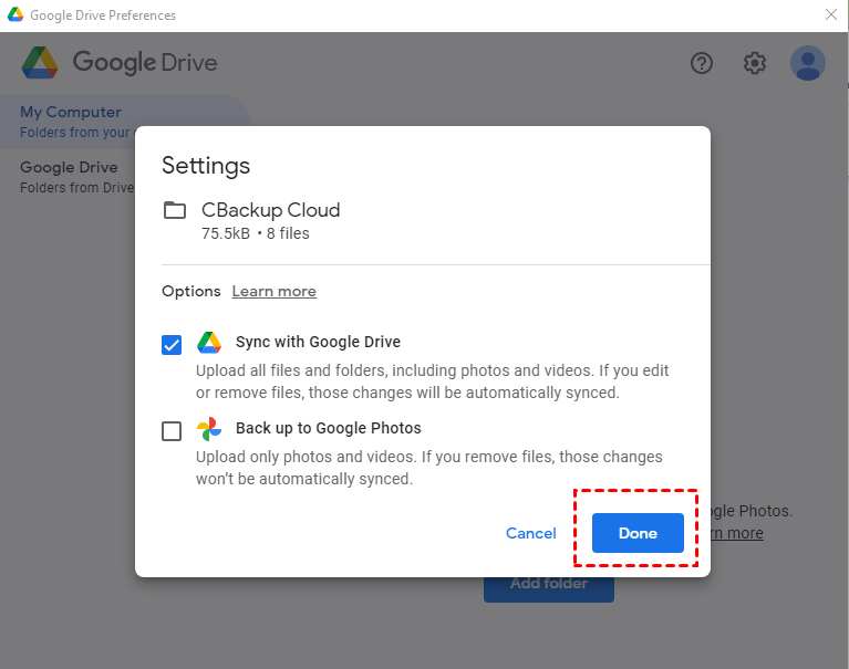 Add Folder Sync With Google Drive