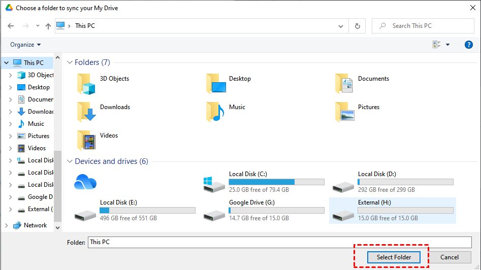 Choose a folder to sync your My Drive