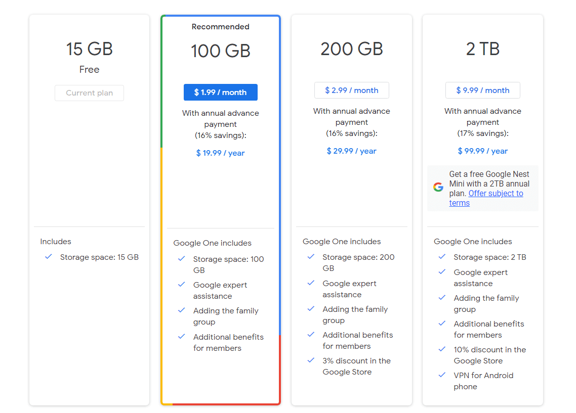 Planos e preços - Google One