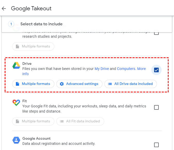 Google Takout Select Drive