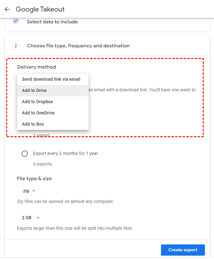 Google Takeout Delivery Method