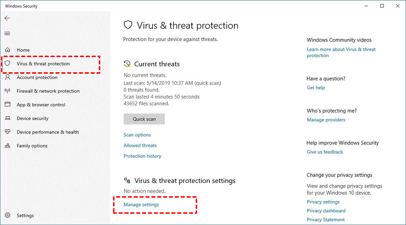 Virus & threat protection Manage settings