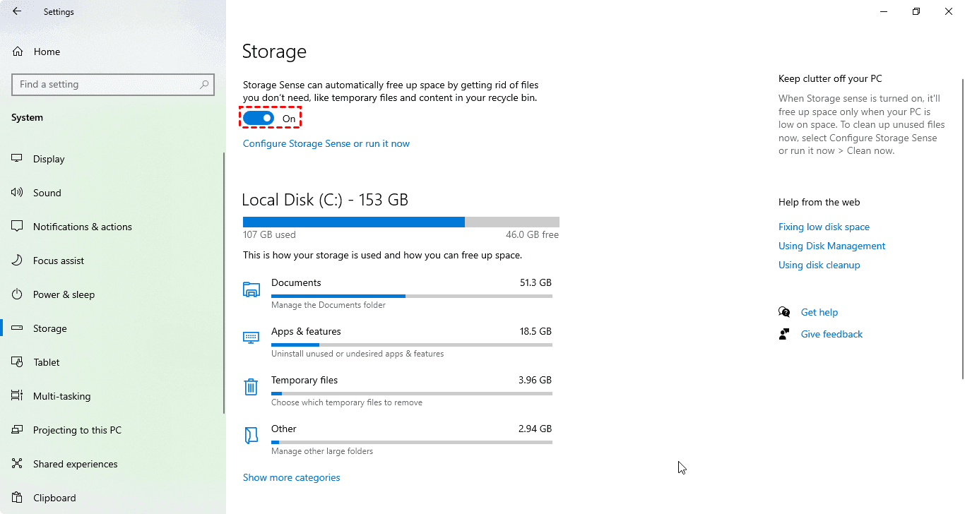 Turn on Windows Storage Sense