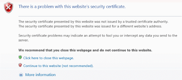 There is a problem with this websites security certificate