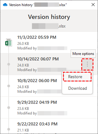 Choose File Version Click Restore