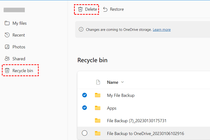 OneDrive Recycle Bin Delete Files