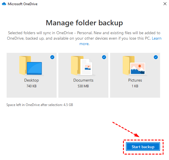 Start Backup Folders to OneDrive