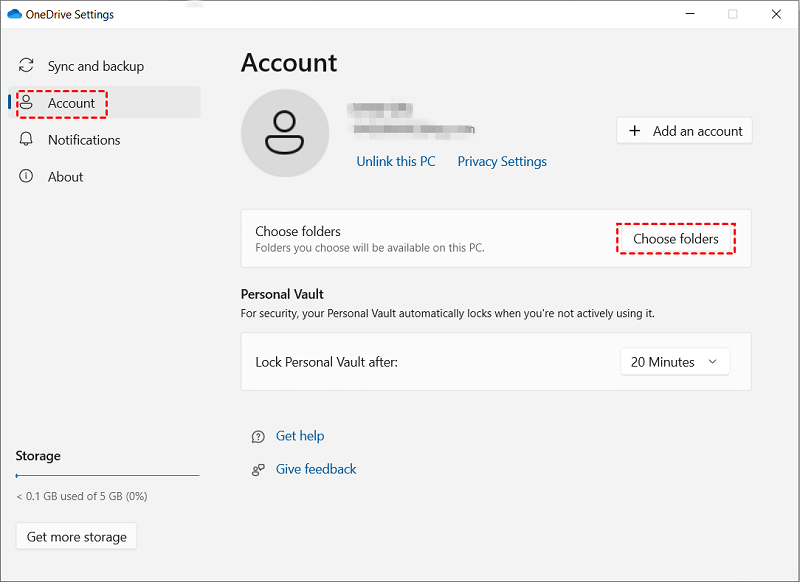 OneDrive Account Choose Folders
