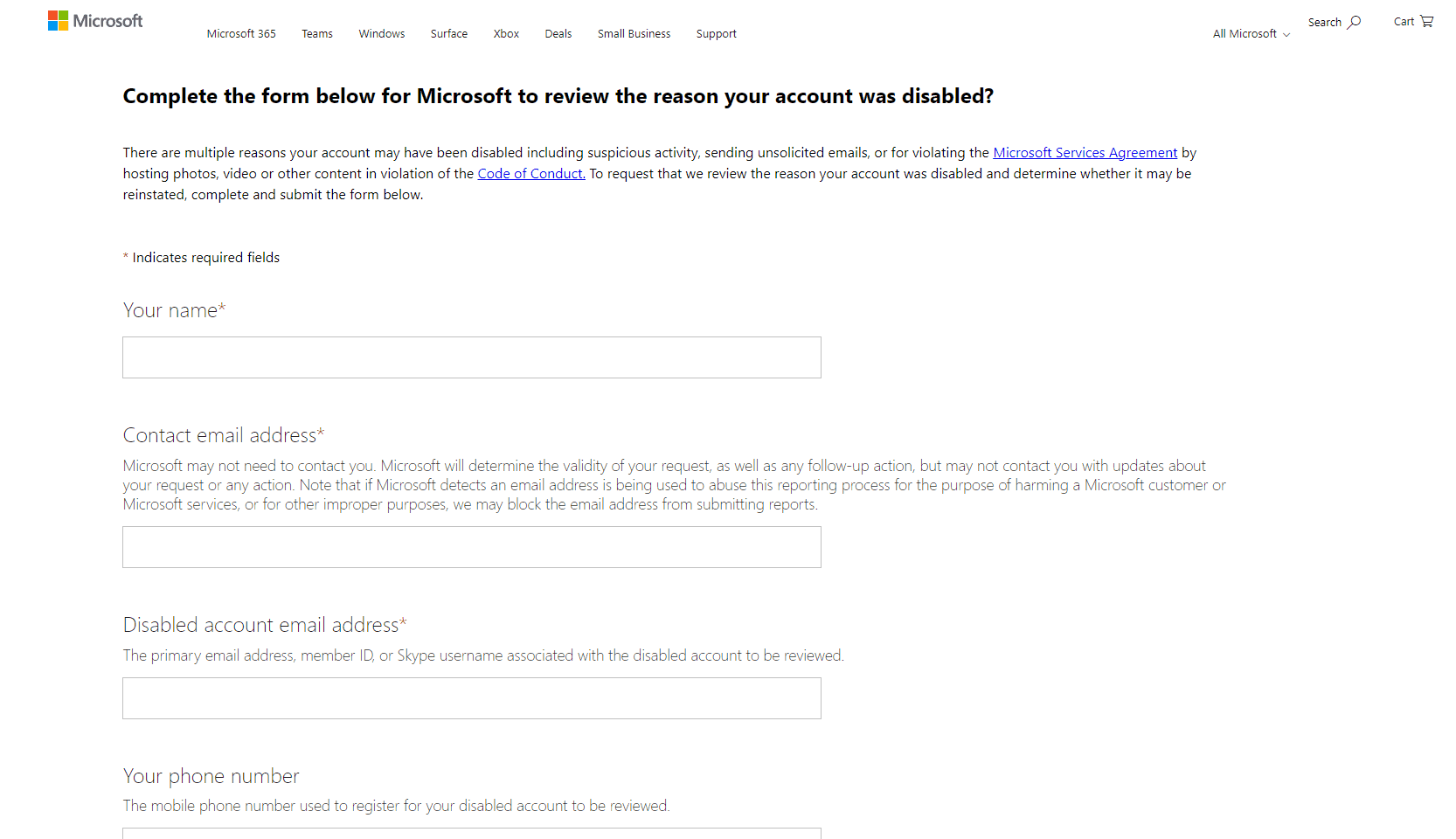 OneDrive Account Reset Page
