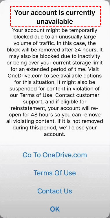 OneDrive Your Account is Currently Unavailable