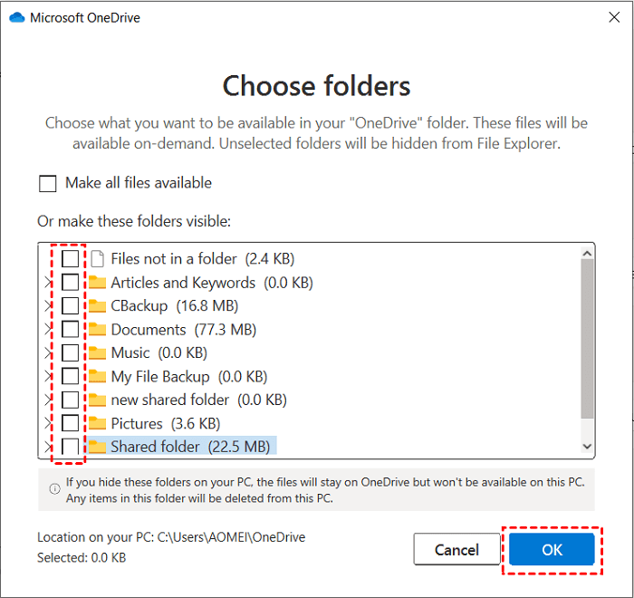 OneDrive Choose Folders Untick All Files