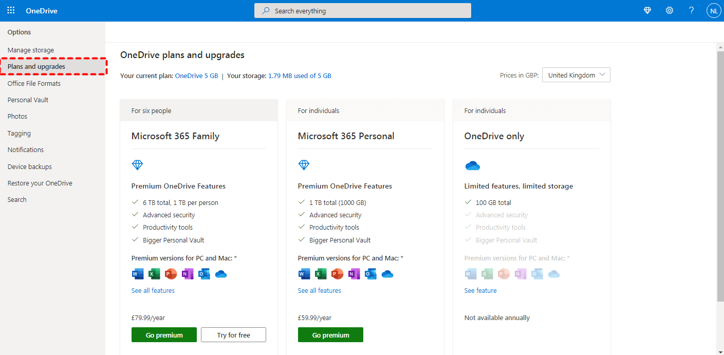 OneDrive Plans and Upgrades