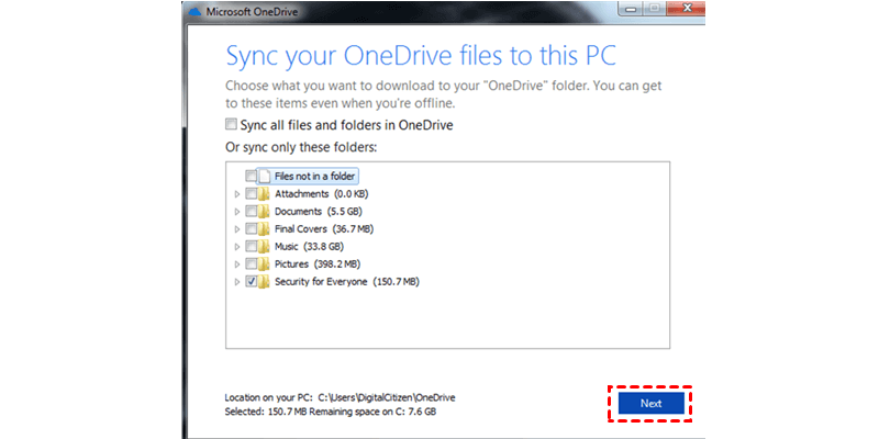 OneDrive Sync Folders to PC Windows 7