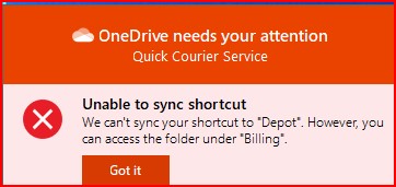 Unable to Sync Shortcut