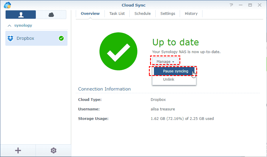 Synology Cloud Sync Pause Syncing