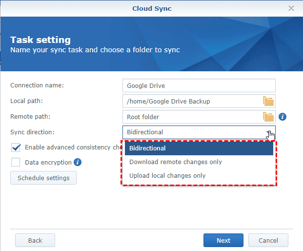 Cloud Sync Select Sync Direction